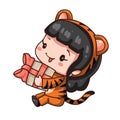 Cartoon girl in tiger costume for chinese new year 2022.